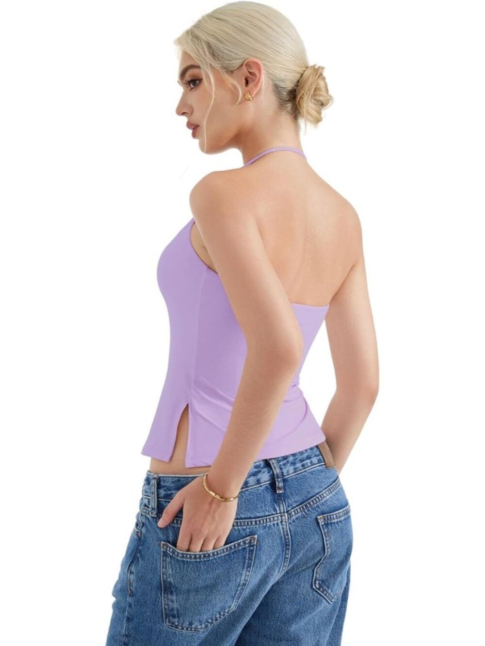Women's Lilac Sleeveless Backless Double Lined Pull On Imported Tank Top - Picture 5 of 6